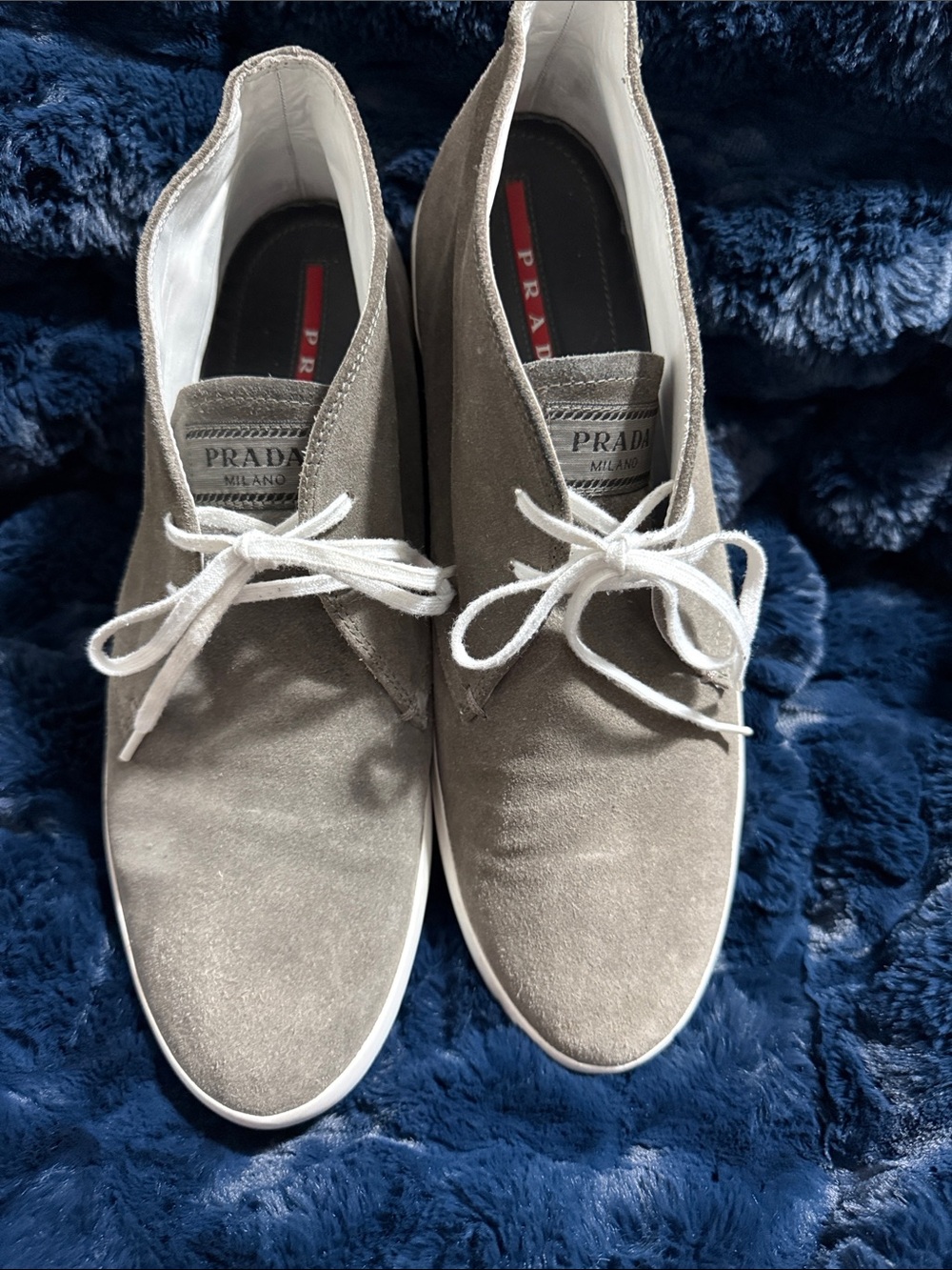 Prada Taupe Suede Men’s Chukka Boots with White Laces Size 11